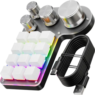 Produktbild von RGB Gaming-Tastatur, Programmierbare Makrotastatur, USB+Bluetooth Dualmodus, 12Tasten, 4Knöpfe, benutzerdefinierte Tastatur für den PC-Desktop - Weiß