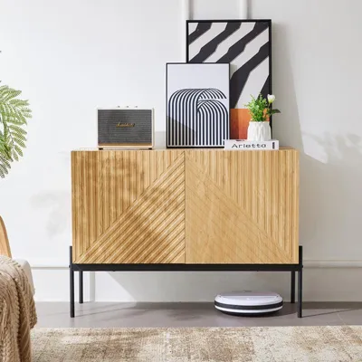 Image de Buffet – Meuble de rangement avec 2 portes, 3 tiroirs, structure métallique et design moderne minimaliste
