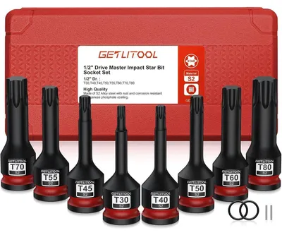 Immagine prodotto di Set di inserti a bussola per avvitatore a percussione Kraft, 8 pezzi, acciaio S2, inserti Torx T30-T80, 78 mm, 1/2"