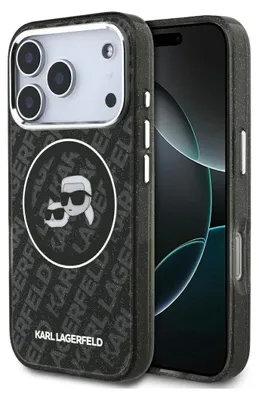 A Karl Lagerfeld branded phone case for an iPhone 17 Pro is shown in black with glitter accents and the iconic K&C Heads logo.