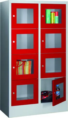 Produktbild von Schließfachschrank - Sichtfenstertüren - 8 Fächer a 400 mm - 1.518x800x500 mm (HxBxT) - Sockel - Zylinderschloss - enzianblau/tiefschwarz