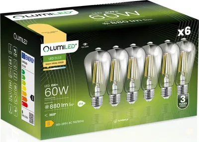 Obrázek produktu pro LUMILED 6x ST64 E27 LED Vintage žárovka 8W ekvivalent 60W 880 Lm skleněná žárovka Edison 3000K teplá bílá Retro žárovka 360° vlákno