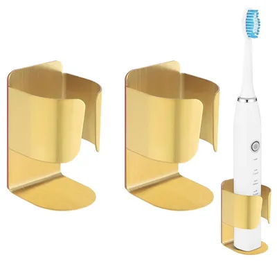 Image de Support pour brosses à dents en acier inoxydable, fixation murale adhésive, lot de 2, couleur or