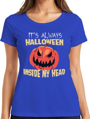 Produktbild von It's Always Halloween Inside My Head gruselig Kürbis Horror Spuk Damen T-Shirt, Blau, XXL