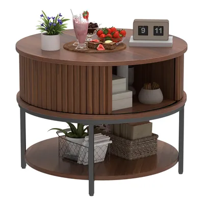 Produktbild von Couchtisch Rund Beistelltisch Wohnzimmertisch, Schiebetüren Rollo-Optik, 60x60x46cm, Braun