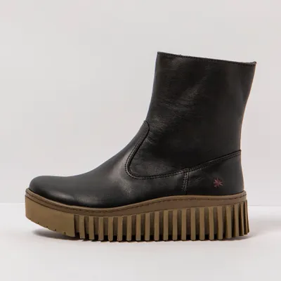 A black leather boot with a thick brown sole is shown against a white background.