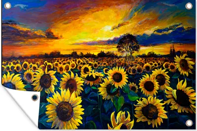 Produktbild von MuchoWow® 90x60 cm Outdoor-Poster Gartendeko Sichtschutz Garten Poster für den Garten  Malerei - Blumen - Ölfarbe - Sonnenblume
