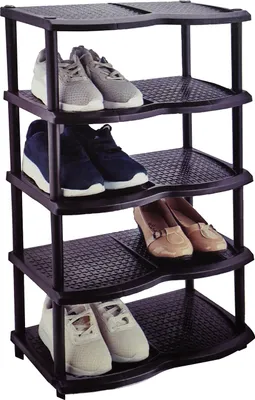 A black plastic shoe rack with five shelves, filled with various shoes.