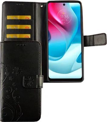 Produktbild von Motorola Moto G60S Tasche Handy Hülle Schutz-Cover Flip-Case mit Kartenfach, Farbe:Blumen Schwarz