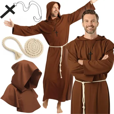 A collage of images showing a monk costume for adults, including the robe, hood, rope belt, and a cross necklace.