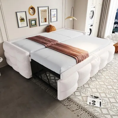 Obrázok produktu pre Rozkladacia pohovka 90/180x190 cm, s výťahovacou posteľou a latkovým roštom, potiahnutá plyšovou látkou v béžovej farbe, vhodná ako jednolôžko alebo dvojlôžko, ideálna do obývačky alebo spálne