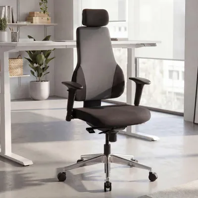 Image de FineBuy Chaise de bureau QENTIN noir/gris Chaise de bureau Revêtement en tissu Fauteuil de direction Chaise pivotante Mécanisme synchrone Appui-tête