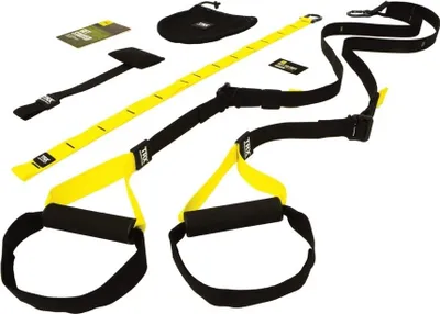 A set of TRX suspension training equipment laid out on a white background.
