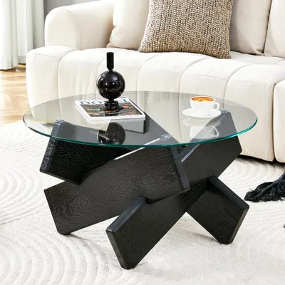 Image de Table basse en verre - Table d'appoint - Table ronde - Design minimaliste - Diamètre : 79 cm