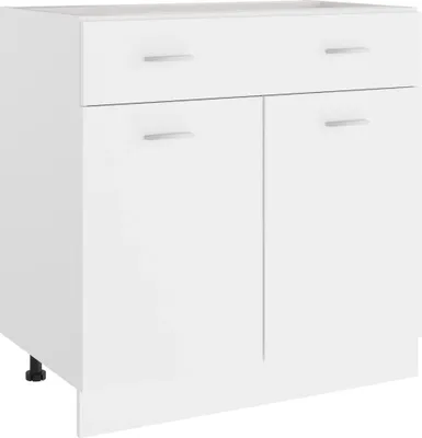 A white cabinet with two drawers and two doors, shown from a three-quarter angle.