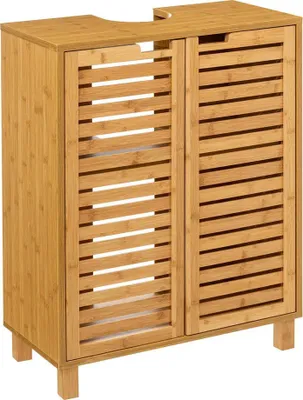 A wooden cabinet with slatted doors on a white background.