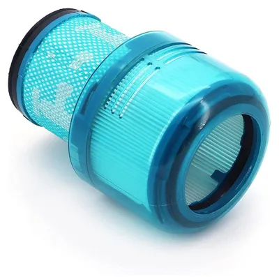 A close-up studio shot of a blue and teal HEPA filter.
