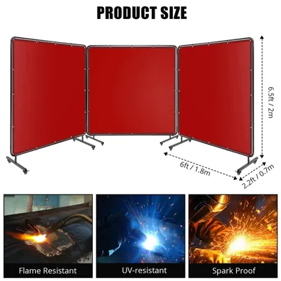 Immagine prodotto di Pannello divisorio per esterni - Tenda saldatrice in PVC - 183 x 183 cm - Rosso - Ignifugo - Resistente agli agenti atmosferici - Struttura robusta - Ruote bloccabili