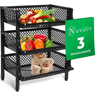 Image de Novaliv Étagère à paniers 3 pièces noire Étagère emboîtable Empilable & extensible, Étagères pour cellier, Étagère à aliments, Étagère à fruits Système de rangement pour cave, Système de rangement pour garde-manger, Étagère à boissons