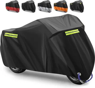 Immagine prodotto di Copertura per moto in tessuto Oxford impermeabile, telo per moto, copertura per moto, accessori per moto, copertura per moto per interni ed esterni, protegge dai raggi UV, dalla pioggia, dalla polvere e dalla neve, nera, riflettente, 265x105x125 cm