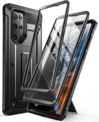 A black protective phone case with a screen protector and a phone inside, displayed on a white background.