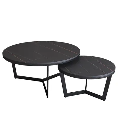 Produktbild von Edles Beistelltisch 2er Set mit schwarzer MDF Platte Marmor Optik schwarzer Rahmen 80cm Kaffeetisch Couchtisch Wohnzimmertisch Rund