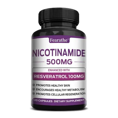 Obrázok produktu pre Nikotínamid 500 mg + Resveratrol 100 mg (120 kapsúl) Výživový doplnok, Proti starnutiu, Vrásky, Pleť, Zdravie pokožky, Regenerácia, Metabolizmus