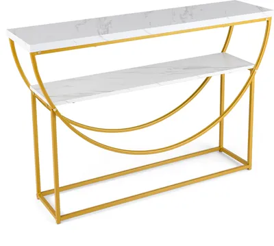 A two-tiered console table with a marble-effect top and gold metal frame.