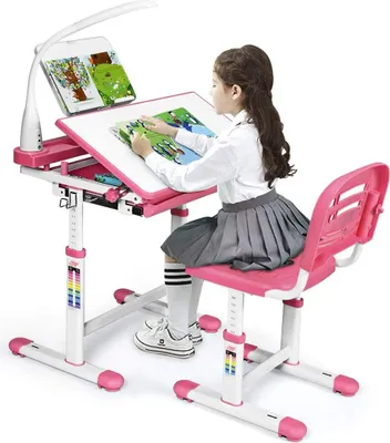 Produktbild von GOPLUS Kinderschreibtisch mit stuhl Höhenverstellbar, Kindertisch Set mit Lampe & Bücherregale, tisch Neigungsverstellbar 0-40°, Kindermöbel, Rosa