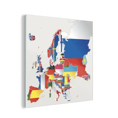 Obrázek produktu pro MuchoWow® Obrazy na skle - Nástěnné obrazy - Fotografie na skle Mapa - Evropa - Vlajky 40x30cm Nástěnná dekorace ze skla - akrylová malba na sklo - akrylové