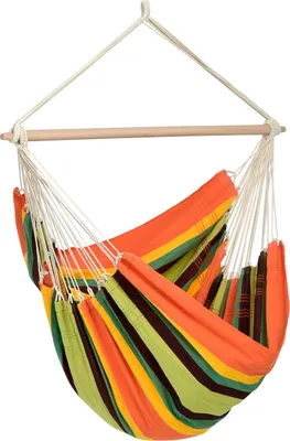 A colorful striped hammock chair hanging from a wooden bar.