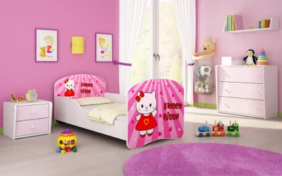 A child's bedroom with a bed, dresser, and nightstand.