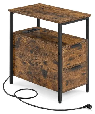 Produktbild von Beistelltisch Nachttisch mit Steckdosenleiste und 2 Schubladen | Vintage Braun-Schwarz | 30x60x61 cm