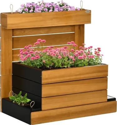 Produktbild von Hochbeet mit 4 Pflanzkästen, Blumenkasten mit Selbstbewässerungssystem, Vliesauskleidung aus Holz, Braun, 79,5 x 49,5 x 80 cm für Garten