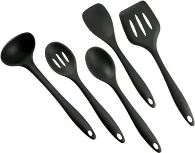 Produktbild von 5 Stück Küchenhelfer Silikon Set, Küchenutensilien Set Enthält Pfannenwender, Schlitzlöffel, Löffel, Servierlöffel, Suppenkelle, Spülmaschinenfest, Antihaft, Hitzebeständiges, BPA frei (5 Stück Schwarz)