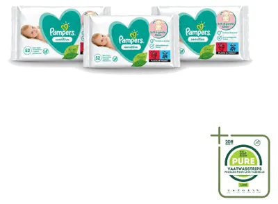 Imagen del producto de 3 paquetes grandes de toallitas húmedas Pampers Sensitive para bebés, cada uno con 52 unidades