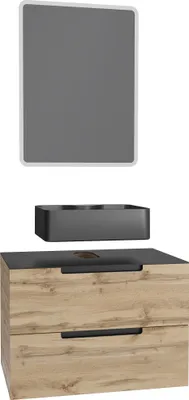Image de Meuble salle de bains 80 cm 2 tiroirs - Chêne et noir - Vasque rectangle - Miroir Led - OMEGA