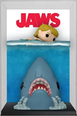 A Funko Pop! vinyl figure depicting a scene from the movie Jaws, with a shark emerging from the water towards a swimmer.