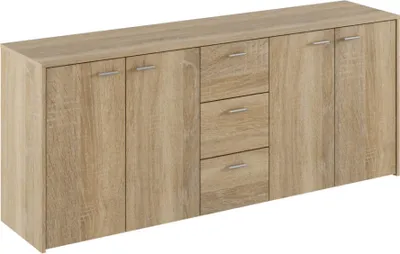 A light brown wooden sideboard with multiple doors and drawers.
