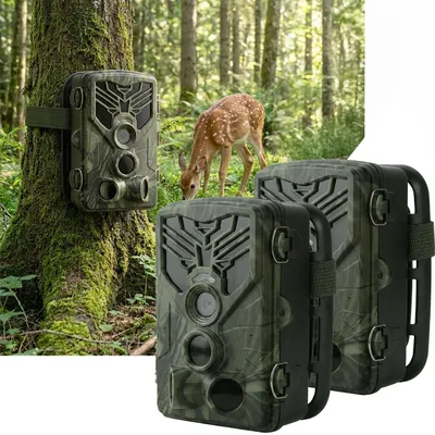 Produktbild von 2er-Set 4K-UHD-Wildkamera mit 2 PIR Bewegungsmeldern, Smartphone Live Übertragung, Nachtsicht mit 42 IR LEDs, Farbmonitor, WLAN, Stand-by 8 Monate, IP