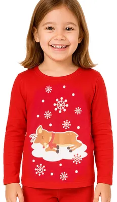 Produktbild von Schlafanzug für Mädchen - Rentier Kinder Pyjama Set Langarm Oberteil mit Hose Rot 122-128