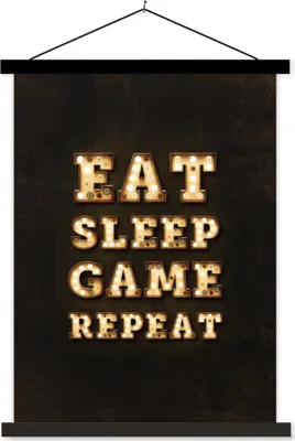 Produktbild von MuchoWow® Textilposter Spiele - Spiele - Zitate - Sprichwörter - Eat sleep game repeat 90x120 cm mit schwarzem Rahmen - Dekoration