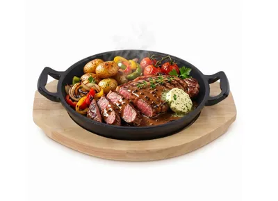 Produktbild von Gusseisen Servierpfanne 22 cm mit Holzbrett Untersetzer | Gusseiserne Pfanne mit abnehmbarem Griff | Rustikale Steakpfanne für Induktion, Backofen & G