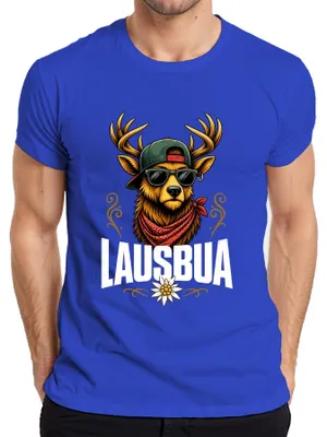 Imagen del producto de Jausenbua, Hirsch, Alpes, Baviera, Edelweiss, Traje tradicional, Pantalones de cuero para hombre, Camiseta, Azul, Talla S