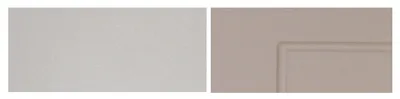 Two panels showing a close-up of a kitchen unit in gray and beige.