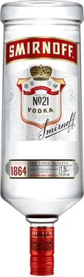 A clear, front-on studio shot of a bottle of Smirnoff No. 21 Vodka.