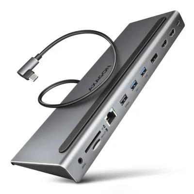 A gray USB hub with a black cable is shown on a white background.