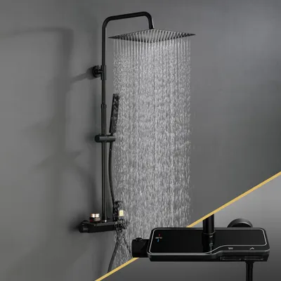 Produktbild von Görbach Regen Duschset mit Duscharmatur Komplettset, Edelstahl Duschsystem mit Thermostat, Überkopfbrause, Handbrause, Duschstange Matt Schwarz (2020MB)