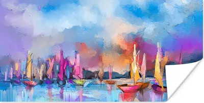 Produktbild von MuchoWow® Poster Malerei - Boote - Wasser 120x60 cm - Bild