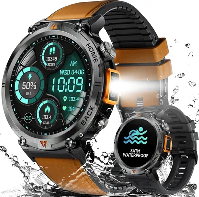 Produktbild von AdivaX Militär Smartwatch Herren mit Telefonfunktion 3ATM wasserdicht LED Taschenlampe 24h Gesundheitsüberwachung 110+ Sportmodi